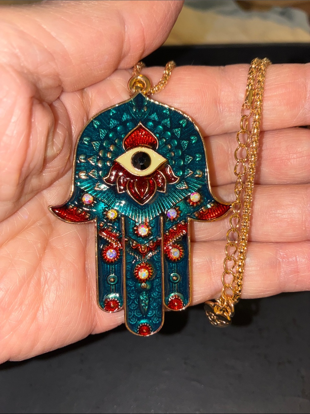 Gold Chain Hamsa Hand Pendant Necklace in Teal and Red